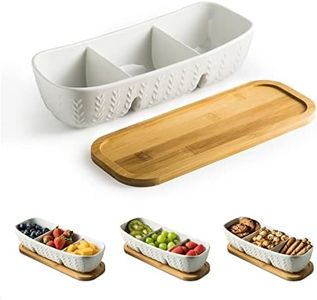 Chip and Dip Serving Set with Acacia Wood Serving Tray Porcelain Divided Platters Condiment Set Perfect for Snack Appetizer, Charcuterie, Food, Large, 11-inches Christmas Serving Trays and Platters