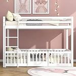 BTM 3FT Bunk Bed, Bed with Fences and Door, Children's Bed with Fall Protection and Railings, Solid Wood, White (190x90cm)