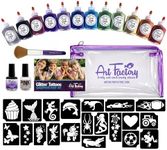 Pro Glitter Tattoo Kit by Art Factory – Temporary Glitter Tattoos Set with 12 Makeup Glitters, 100 Tattoo Stencils, Body Glue, Festival Ink & Brush – Tattoo Kit for Kids and Teens
