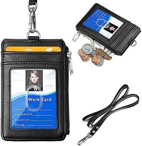 ELV Badge Holder with Zipper, PU Leather ID Badge Card Holder Wallet with 5 Card Slots, 1 Side RFID Blocking Pocket and 20 inch Neck Lanyard Strap for Offices ID, School ID, Driver Licence (Black)