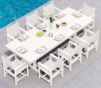 SERWALL 9 Piece Outdoor Dining Set, 84" HDPE Outdoor Rectangular Oversized Table and Textilene Sling Chairs for 8,All Weather Patio Dining Furniture Set with Umbrella Hole for Backyard, Garden, White
