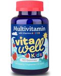 Vitawell Kids Multivitamin Gummies - 120 Natural Strawberry Flavour (4 Month Supply) | Chewable Kids Multivitamin Chews | Vitamin D3, A, E, C, B6, B12 | No Artificial Colours, Flavours, Preservatives