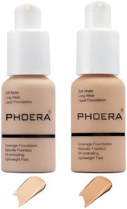 2 Pcs Phoera Foundation Makeup 102 and 104 Liquid Full Coverage 24HR Matte Oil Control Foundation Makeup Concealer (Nude & Buff Beige) with Kabuki Foundation Brush Flat Top