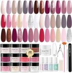 Aokitec 20+1 Colours Dip Powder Nail Kit with Build Powder - Pinky Series 36 PCS Dipping Powder Starter Set with Dip Base Activator Top Coat Brush Saver for French Manicure Home DIY Gift Sets