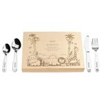 LAUBLUST Personalized Flatware Utensils Set - Jungle - Engraved with Name | New Born Baby & Toddler Gift - Natural Wooden Box & Spoons and Forks Stainless-Steel 4 pcs. Set | Made in Germany