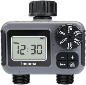 Insoma 2 Zone Tap Timer, Programmable Water Timer for Garden, Watering Timers w/Rain Delay & Auto/Manual Modes, Dual Outlet Sprinkler Controller for Flower Irrigation, Lawn Care, IPX5 Waterproof