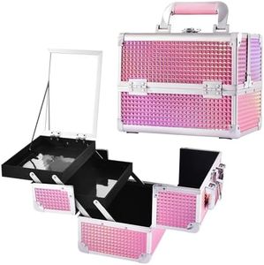 Yueieoun Makeup Train Case Travel Makeup Organizer Case 2 Trays Cosmetic Storage Box with Mirror for Makeup Supplies Nail Tech Sewing Portable Makeup Box Mermaid Pink