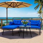 LOCCUS 4-Piece Outdoor Patio Furniture Set Waterproof Weaving Rope Outdoor Sofa Set with Powder-Coated Iron Conversation Bistro Set for Balcony, Lawn, Garden,Terrace (Grey & Blue)