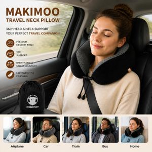 Makimoo Memory Foam Travel Neck Pillow – 360° Support, Black with Bag