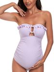 EastElegant Maternity Ruffle Ribbed Cutout One Piece Swimwear Square Ring Linked Pregnancy Bathing Suit, Purple, Large