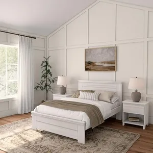 Plank+Beam Rustic Wood Full Bed Frame, Platform Bed with Headboard, Solid, White Wash