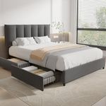 VECELO Double Upholstered Bed Frame with 4 Storage Drawers and Adjustable Velvet Headboard, Heavy-Duty Platform bedframe, No Box Spring Needed, Dark Grey