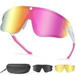 Odoland Polarized Magnetic Sports Sunglasses, Black Frame Plated Pink Lense, Replaceable Grey Lense and Night Vision Lense for Men Women Adult for Riding Driving Fishing