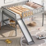 CuisinSmart Full Size Low Loft Bed with Ladder and Slide, Slide is Removable, Solid Wood Low Frame for Kids Girls Boys, Easy Assembly,Space-Saving, No Box Spring Needed Gray