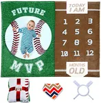 Sukoon Monthly Milestone Blanket for Baby Boy/Girl | Baseball Theme | Includes Frame and Bib | Large | 47"x40" | Personalized Baby Month Blanket for Newborn Baby Shower