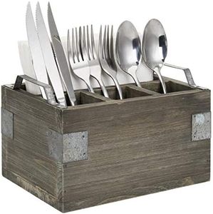 MyGift Solid Wood Napkin and Flatware Holder Buffet Picnic Server Caddy with Vintage Gray Finish, Tabletop Utensil Holder with 4 Compartments, Galvanized Metal Handles and Corner Wrap Accents