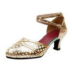 Momolaa Womens Latin Dance Shoes High Heel Closed Toe T-Strap Heeled Ballroom Salsa Tango Party Sequin Dance Shoes 6.5 6-Gold