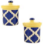 woodenclave Handcrafted Multipurpose Ceramic Food Storage Jar Martban Container with Lid Aachar Barni for Sugar Cookies Pickle Dry Fruits Home Kitchen - Set of 2 (400 mL, Yellow & Blue)