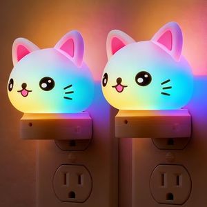 L LOHAS LED Plug in Night Light for Kids,2-Pack 3D Cute Cat Night Lights with Dusk to Dawn Sensor, RGB+Soft White 3000K Cat Night Light,Christmas Birthday Gift Nightlight for Kids,Room Decor