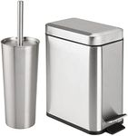 mDesign Metal Freestanding Slim Toilet Bowl Brush and Holder + Rectangle Narrow 5 Liter / 1.3 Gallon Step Pedal Trash Can Wastebasket for Bathroom - Small, Compact Design - Set of 2 - Brushed/Chrome