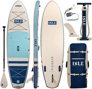 ISLE Pioneer Inflatable Stand Up Paddle Board, Incl. 8′ Coil Leash, Nylon Touring Center Fin, Backpack, Hand pump, Paddle - Beginner friendly SUP - Designed in California
