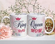 CHHAAP King Dad Mug and Queen Mom Mug Gift for Father Mom Mother Maa Papa Dad Happy Birthday and Happy Anniversary Printed Microwave Safe White Ceramic Coffee Mug 350 (ml) (KQ1 05)