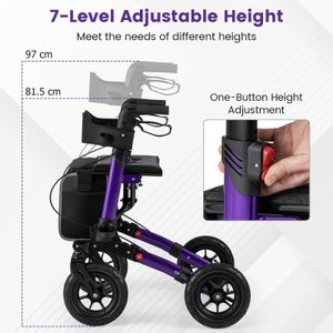 COSTWAY Folding Rollator Walker – Adjustable Seat, All-Terrain Tires, Purple