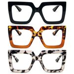 MMOWW Reading Glasses 3 Pack Large Square Frame with Spring Hinges Women Men - Anti Blue Light Computer Reader +1.5
