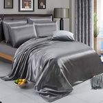 4 piece-Satin sheets Soft bedding shiny silky bedding in 15 colors bedding sets / duvet cover, Fitted sheet set, 2 pillow cases, complete bed sheet set-Double, King duvet set (Silver, Single)