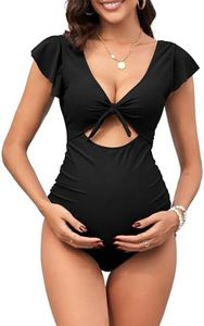 ZAFUL 2025 Maternity One Piece Swimsuit for Women Swim Suits Tie Front Tummy Control Pregnancy Bathing Suits Ruffle Swimsuits Solid Black