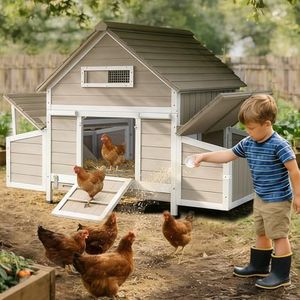 Ketive Large Chicken Coop for 1–4 Chickens Outdoor Poultry Cage Wooden Hen House with 6 Nesting Boxes, Reinforced Boxes, Dual Ramp Doors, Curved Wood Roof, Tray, Expandable (61.1"L x 38"W x 40.2"H)