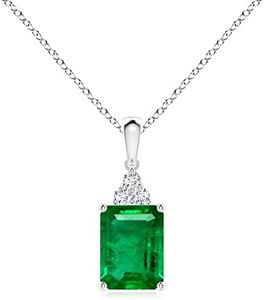 Angara Emerald-Cut Emerald Pendant with Diamond Trio in Sterling Silver