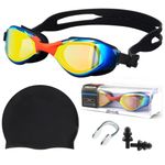 PROBEROS® 4Pcs Professional Swimming Gear, Adult Swimming Goggles Silicone Swimming Cap Set of 4Pcs with Ear Plugs & Nose Clip UV Protection Goggles Anti Fog Swim Goggles with Storage Case