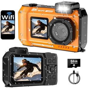 SPUNALP UHD 8K Underwater Camera, 70MP 33FT WiFi Waterproof Digital Camera with 64GB Card, Auto Focus Waterproof Dual-Screen Selfie 2500mAh Battery, 18X Floatable Digital for Snorkeling, Orange