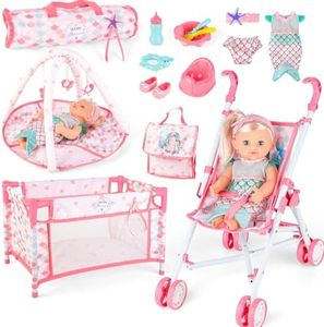 deAO Kids 5 in 1 Baby Doll Pretend Play Set Dolls,Baby Doll, Kids Pushchair for Dolls, Baby Doll Cot, Dolls Cradle, Play Mat,Doll Accessories (Doll Included)