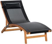 Outsunny Ergonomic Patio Lounge Chair Wooden Outdoor Chaise w/ 3 Adjustable Back and Removable Headrest Pillow for Garden Black