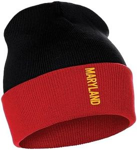 Daxton Vertical USA Cities Cuffed Beanie Winter Knit hat Skully Cap, Maryland BlackRed Gold