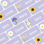 Teddylabels - 120 Personalized Name Labels (1.2” x 0.5”) to use on Clothes and Gear. Waterproof and self-Adhesive Labels for Everyone – Toddlers, School Kids, and Parents - Flowers - Purple