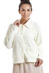 Camille Womens Supersoft Fleece Bed Jacket - Plain Luxury Collared Warm Sleep Top - Button up & Long Sleeved IVORY 14-16