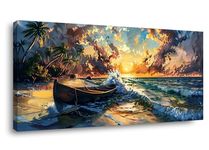 TEKMENT Beautiful Coconut Island Seascape Beach Wave Boat Sunset Landscape Painting Wall Art Decor Artwork for Living Room (20x40 Inches)