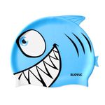 SLOVIC Blue Shark Printed Swimming Caps for Kids | Waterproof Silicone for Boys & Girl | Swimming Caps for Kids 6-14 | No Hair Pulling | Free Size Swimming Caps for Kids