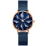 SHENGKE Creative Starry Sky Women Watch with Stainless Steel Mesh Band Genuine Leather Elegant Floral Women Watches(Starry-Mesh Band-Blue)