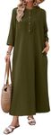 Celmia Cotton Dress for Women Casual Long Sleeve Linen Maxi Dresses ArmyGreen Medium