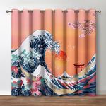 Jekeno Great Wave Blackout Curtains, Japanese Kanagawa Ocean Boat Decor, Cherry Blossom Sunset Shrine Gate Theme Grommet Window Drapes for Bedroom Living Room, 42 Wide 54 Long inches 2 Panels