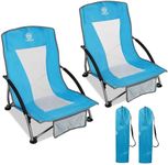 Colorsoul Portable Low Beach Chairs 2 Pack,Folding Backpacking Low Seat Camping Chairs for Adults with Mesh Back,Cup Holder,Storage Bag,Sling Chair for Beach,Picnic-Supports 300lbs,Blue