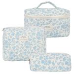 Wellehomi Floral Makeup Bag, Travel Makeup Bags Quilted Large Make Up Bag Cosmetic Bag Cotton Travel Skincare Bag for Women Girls (Blue Floral)