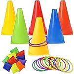 3 in 1 Carnival Games Set, Soft Plastic Cones Bean Bags Ring Toss Games for Kids Birthday Party Outdoor Games Supplies 26 Piece Combo Set