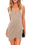 oxiuly Women's Wrap V Neck Bodycon Ruched Cocktail Party Dress Chic Church Wedding Club Pencil Dresses OX345 (Khaki, XL)