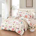 Wake In Cloud - Floral Duvet Cover Set Twin, 100% Soft Cotton Bedding, Birds and Flowers Botanical Pattern Printed, with Zipper Closure (3pcs, Twin Size)