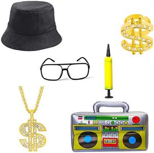 Beelittle 80s/90s Hip Hop Costume Kit Cool Rapper Outfits,Bucket Hat Sunglasses Gold Plated Chain (U)